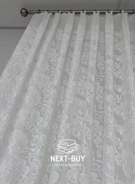 Тюль білий льон з квітковою вишивкою Bianca Fiora White Linen, Італія