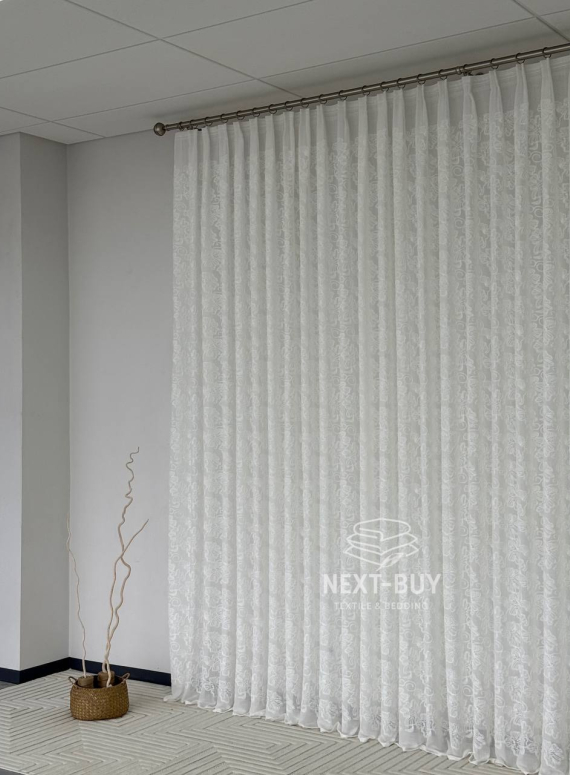 Тюль білий льон з квітковою вишивкою Bianca Fiora White Linen, Італія