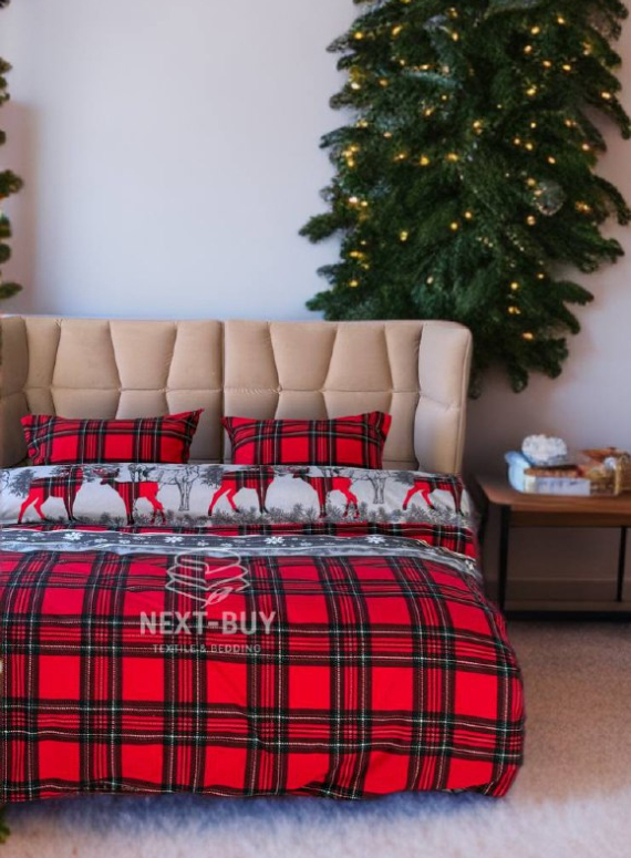 Постільна білизна з простирадлом на резинці First Choice Flannel Happiness Red євро  тепла фланель 100% бавовна