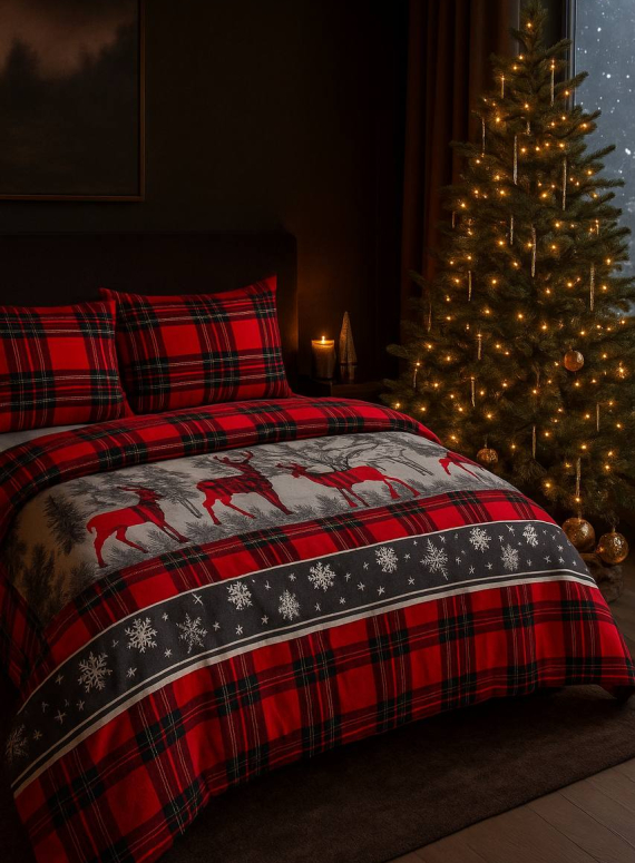 Постільна білизна з простирадлом на резинці First Choice Flannel Happiness Red євро  тепла фланель 100% бавовна