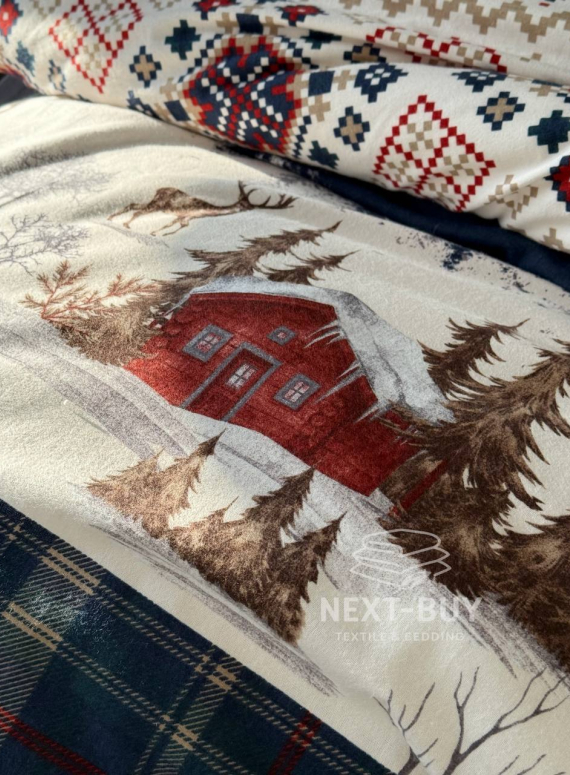 Постільна білизна з простирадлом на резинці First Choice Flannel Nature Navy євро 200×220