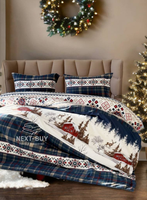 Постільна білизна з простирадлом на резинці First Choice Flannel Nature Navy євро 200×220