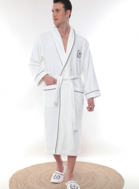 Чоловічий махровий халат Maison Dor Seymour з коміром і тапочками білий