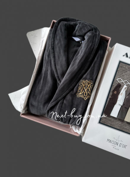 Maison Dor Paris Alberto чоловічий велюровий халат з шалевим коміром і золотою вишивкою grey