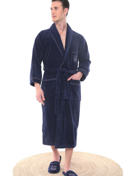 Мужской махровый халат Maison D`or Paris Boswel с шалевым воротником и тапками синий