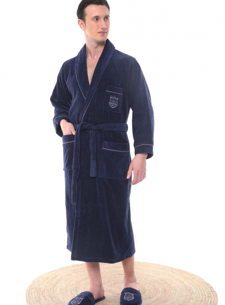 Чоловічий махровий халат Maison D`or Paris Boswel з шалевим коміром і тапочками синій