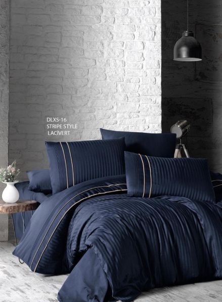First choice Stripe style lacivert(navy blue) delux сатин постельное белье евро 200х220