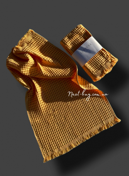 Набір бавовняних плетених рушників Luppura yellow для лазні і обличчя 70х140см і 50х90см