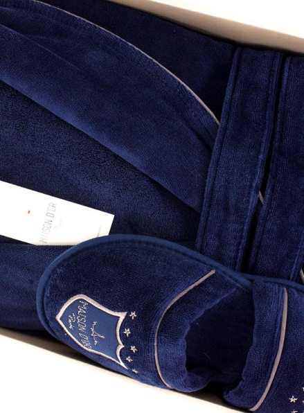 Мужской махровый халат Maison D`or Paris Boswel с шалевым воротником и тапками синий