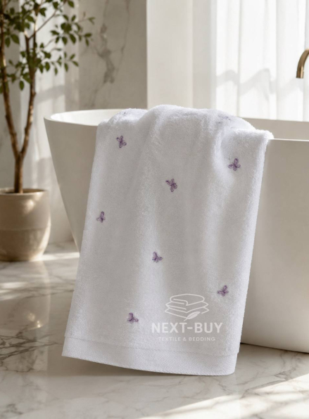 Махровое полотенце банное Maison Dor Soft Butterflies white-dark lilac 85х150 хлопок