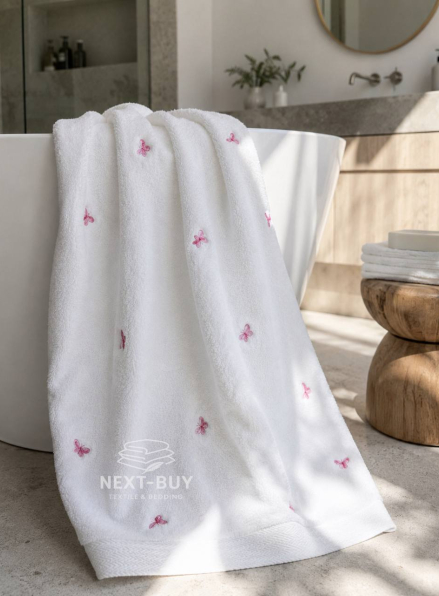 Махровий рушник банний Maison Dor Soft Butterflies white-pink 85х150 бавовна