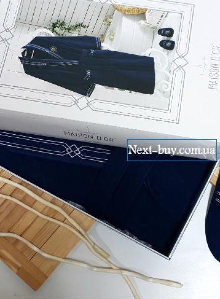 Чоловічий халат Maison D`or Paris Elegance Marine з шалевим коміром і тапочками темно-синій
