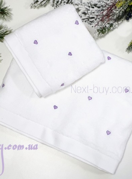 Maison D'or Soft Hearts махровое полотенце для лица 50х100 хлопок белое с сиреневым