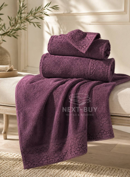 Maison Dor Naturella набір рушників 3шт 30х50 50х90 70х140 махра з мереживом фіолетовий