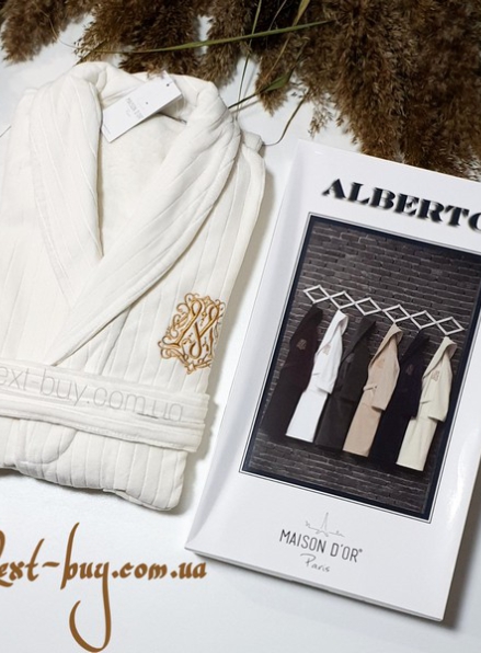 Maison Dor Paris Alberto мужской велюровый халат с шалевым воротником и золотой вышивкой кремовый Турция