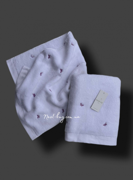Махровое полотенце банное Maison Dor Soft Butterflies white-dark lilac 85х150 хлопок