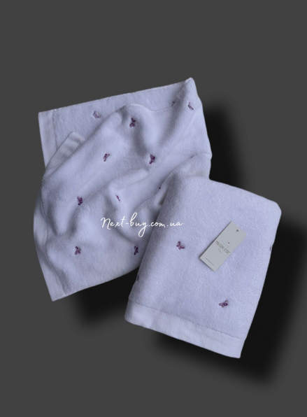 Махровое полотенце для лица Maison Dor Soft Butterflies white-dark lilac 50х100 хлопок