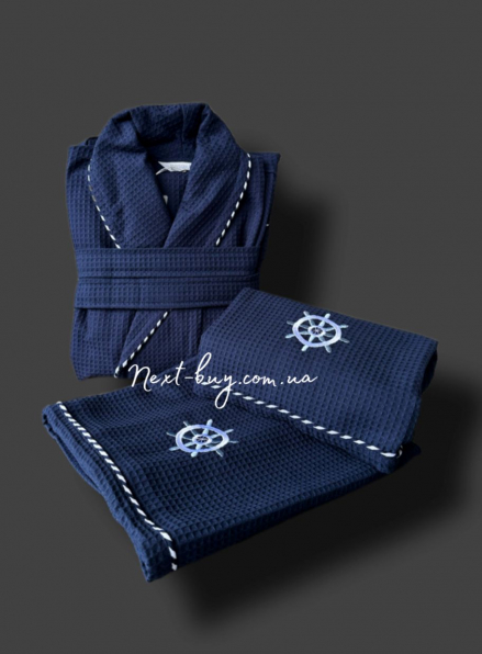 Вафельный набор Maison D'or Marine мужской халат и 2 полотенца синий цвет