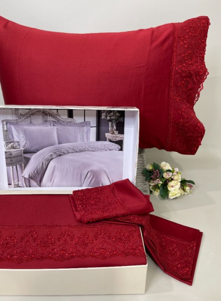 Tivolyo Home Комплект постельного белья Lina Bordo сатин с кружевом евро 200х220