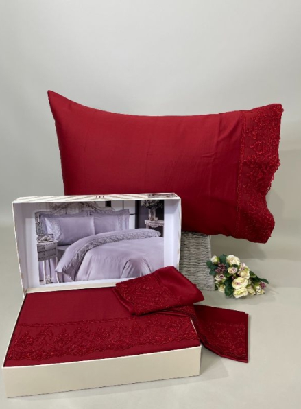 Tivolyo Home Комплект постельного белья Lina Bordo сатин с кружевом евро 200х220