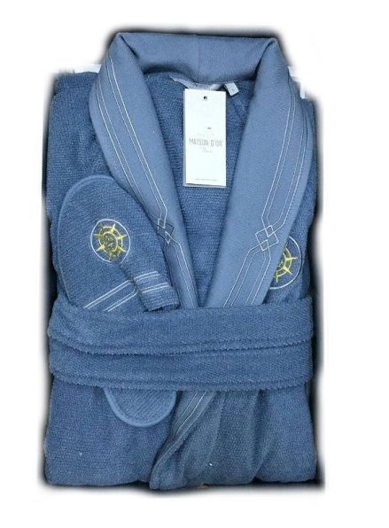 Чоловічий халат Maison D`or Paris Elegance Marine з шалевим коміром і тапочками блакитний