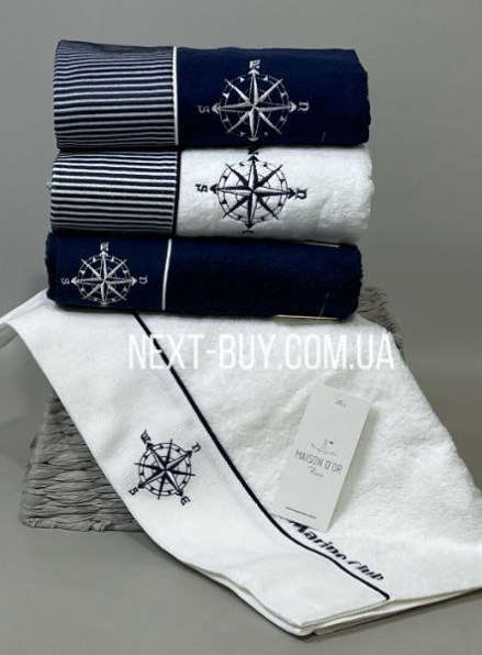 Maison D'or мужское махровое полотенце для лица 50х100см Marine Club белый с синим