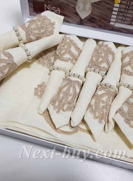 Кремовая с бежевой вышивкой скатерть для стола 160х220 с салфетками 8 шт Турция