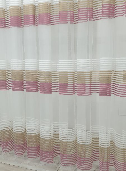 Тюль фатин білий з смужками Thin strips крем-бежевий-рожевий
