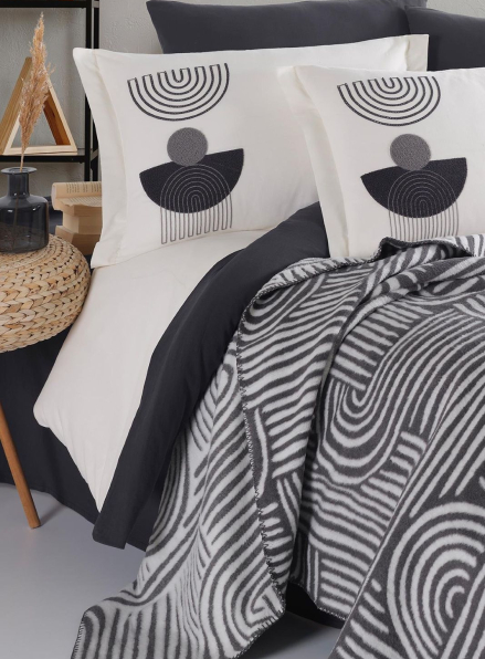 Комплект постільної білизни з вишивкою і пледом Babil antrasit євро Туреччина