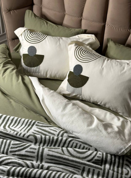 Комплект постільної білизни з вишивкою і пледом Babil haki євро Туреччина