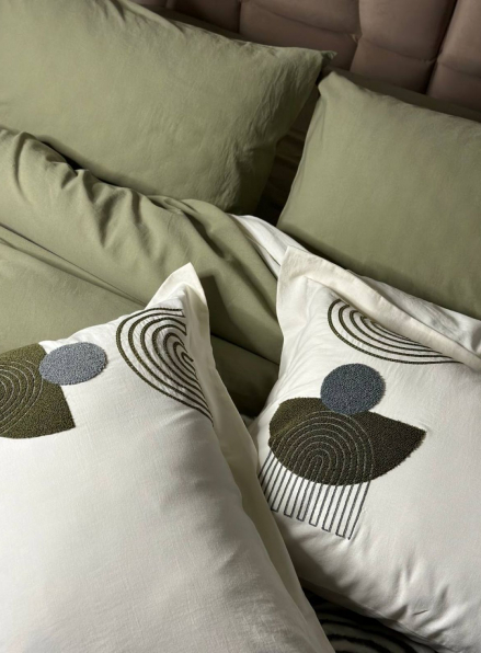 Комплект постільної білизни з вишивкою і пледом Babil haki євро Туреччина