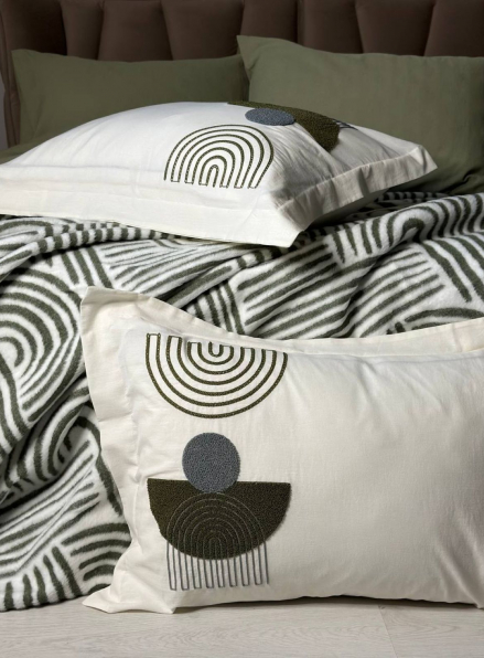 Комплект постільної білизни з вишивкою і пледом Babil haki євро Туреччина