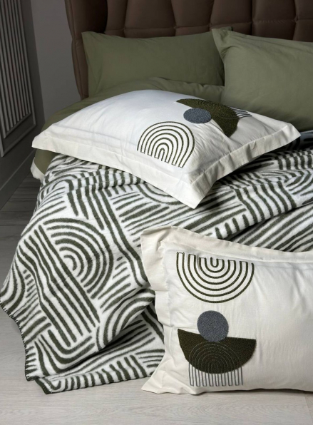 Комплект постільної білизни з вишивкою і пледом Babil haki євро Туреччина