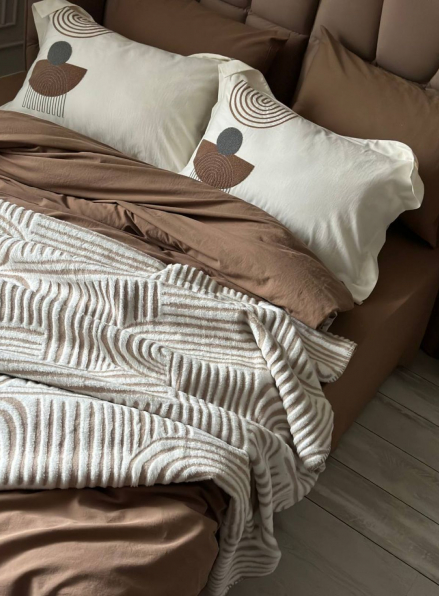 Комплект постільної білизни з вишивкою і пледом Babil kahve євро Туреччина