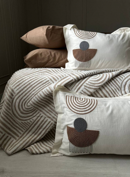 Комплект постільної білизни з вишивкою і пледом Babil kahve євро Туреччина