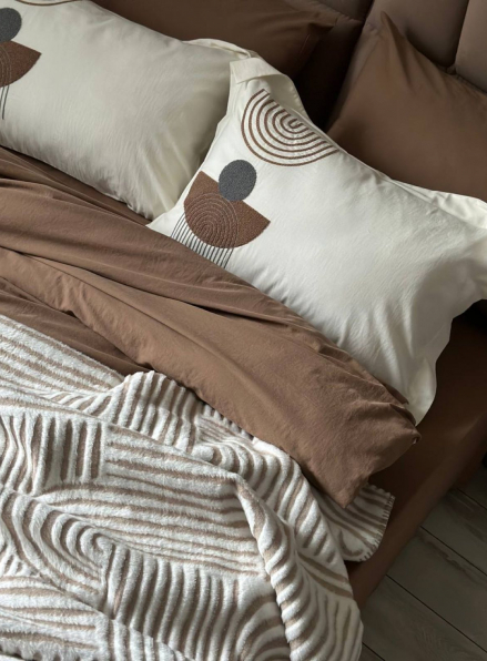 Комплект постільної білизни з вишивкою і пледом Babil kahve євро Туреччина