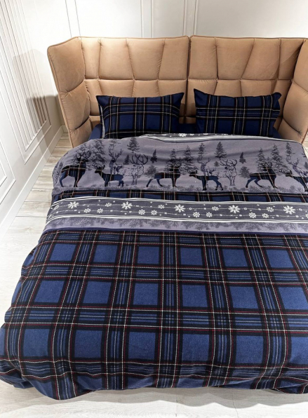 Постільна білизна з простирадлом на резинці First Choice Flannel Happiness Navy Blue євро