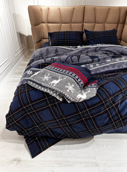 Постільна білизна First Choice Flannel Happiness Navy Blue сімейний 160х220х2