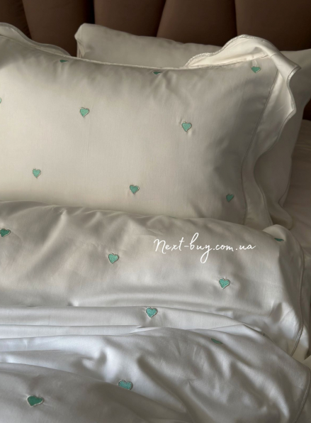 Maison D'or Les Coeurs cream-mint постільна білизна євро 200х220 сатин з аплікацією з сердечок