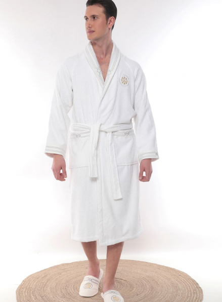 Чоловічий халат Maison D`or Paris Elegance Marine з шалевим коміром і тапочками білий