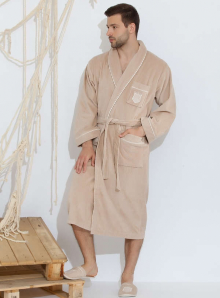 Чоловічий халат Maison D`or Paris Boswel з шалевим коміром і тапочками бежевий