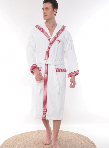Мужской махровый халат Maison Dor Marine Club с капюшоном и тапками белый с красным