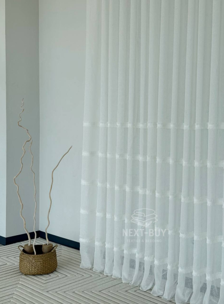 Тюль білий льон з аплікацією у смужку Linen Grace White Італія