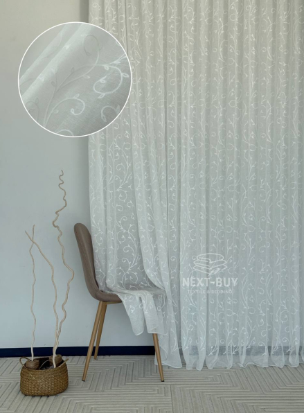 Тюль білий льон з білим візерунком White Natural Leaf Embroidery Туреччина