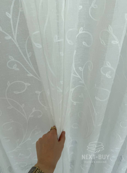 Тюль білий льон з білим візерунком White Natural Leaf Embroidery Туреччина