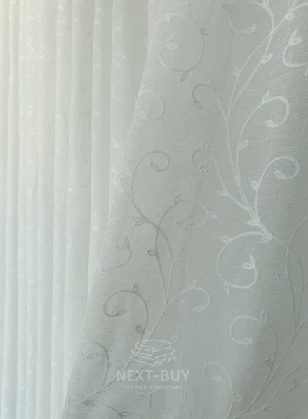 Тюль білий льон з білим візерунком White Natural Leaf Embroidery Туреччина