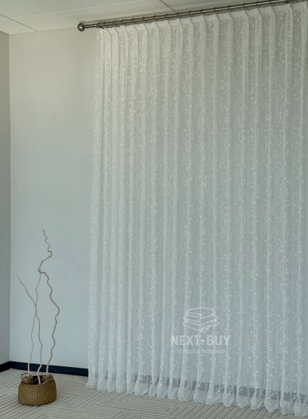 Тюль білий льон з білим візерунком White Natural Leaf Embroidery Туреччина