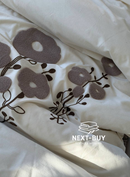 Постільна білизна з простирадлом на резинці Saheser Alessa Bej євро варена бавовна з вишивкою