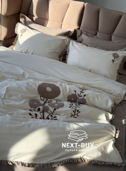 Постільна білизна з простирадлом на резинці Saheser Alessa Bej євро варена бавовна з вишивкою