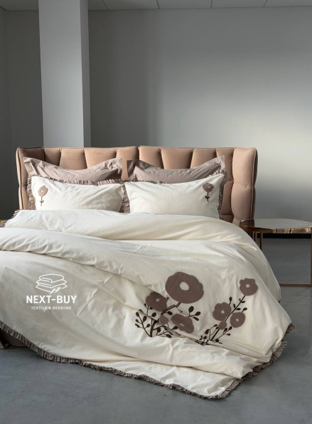 Постільна білизна з простирадлом на резинці Saheser Alessa Bej євро варена бавовна з вишивкою